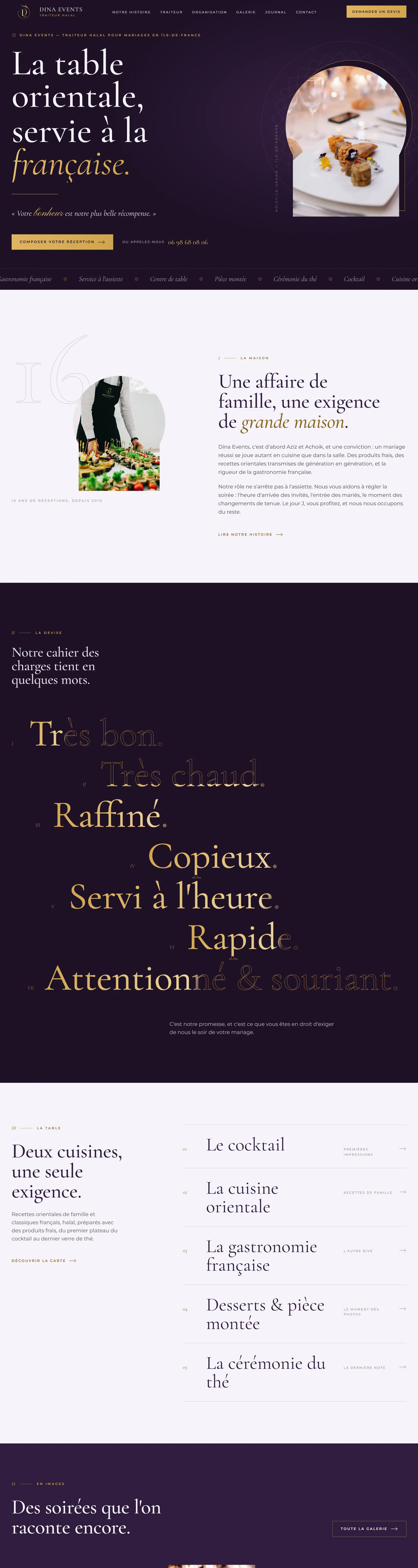 Dina Events — La page d'accueil, de haut en bas