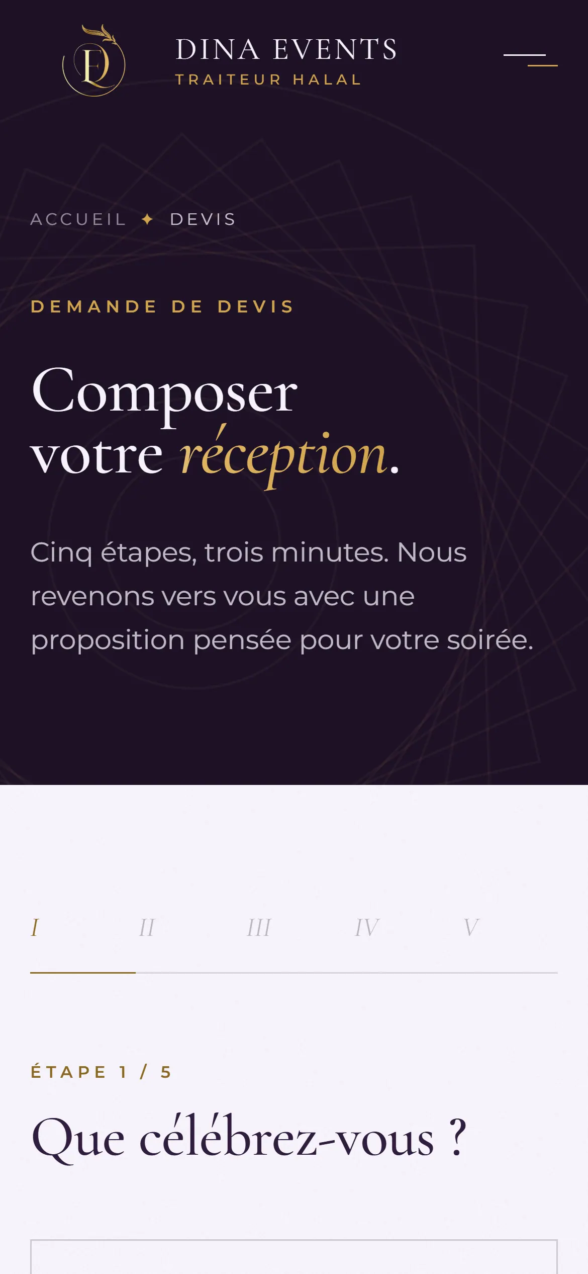 Dina Events — Devis sur mobile