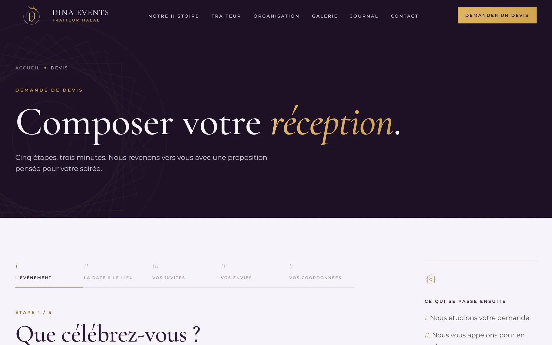 Dina Events — Demande de devis en 5 étapes