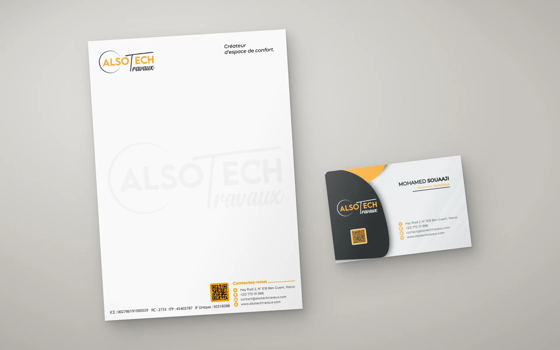 Alsotech Travaux — Identité & supports print — Papier à en-tête et carte de visite