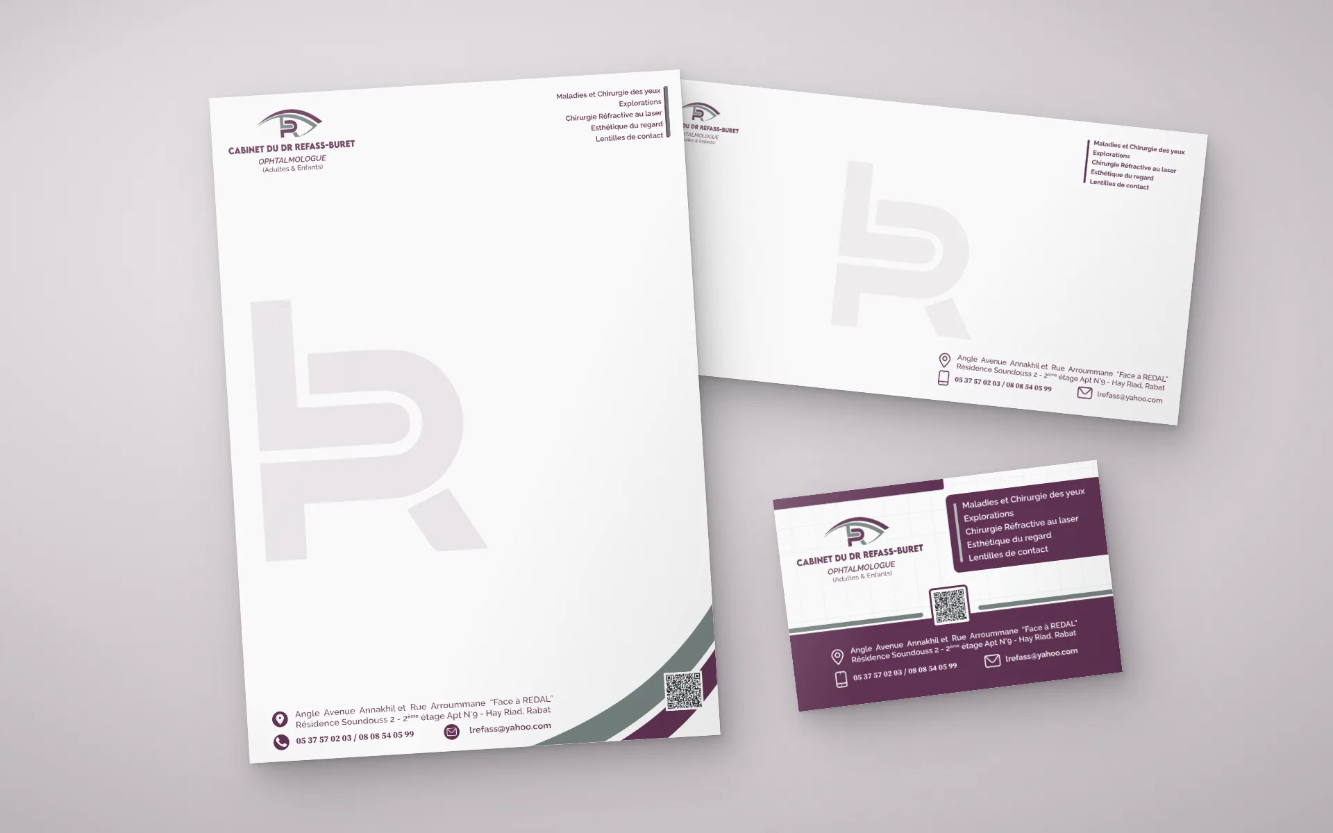 Dr Loubna Refass — Identité & supports print — Papeterie : ordonnance, enveloppe et carte de visite