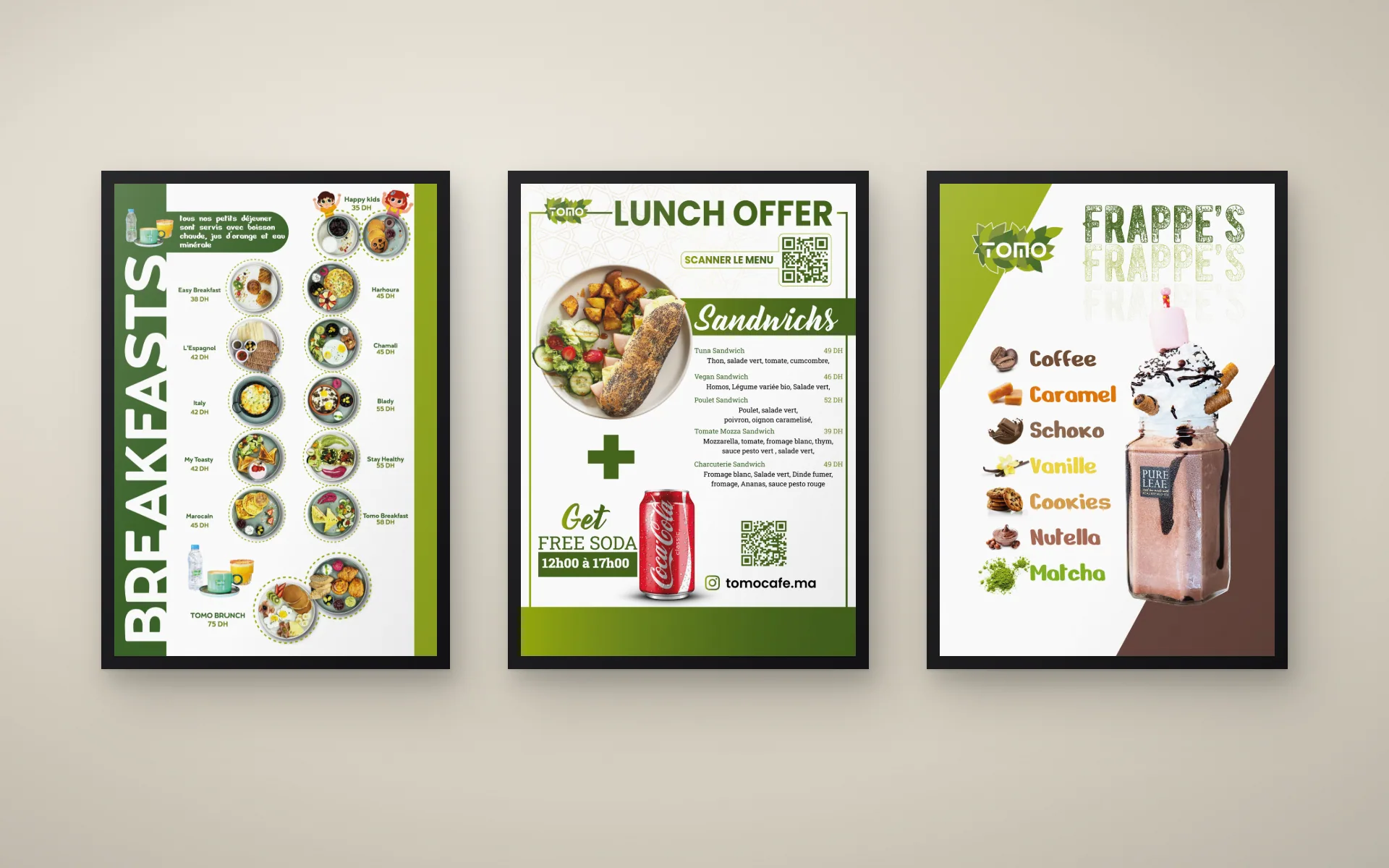 Tomo Café — Affiches grand format 65×95 cm : petits-déjeuners, offre déjeuner, frappés